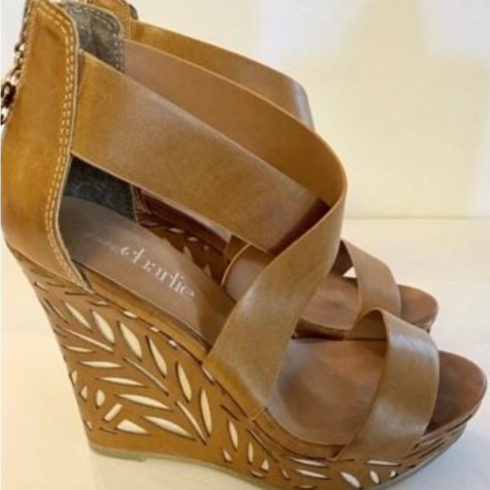 Charming Charlie Women's 7‎ Brown Faux Leather Wedge Sandals Heels